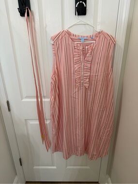 Draper James Striped Pink Ruffle Front Sleeveless Shirt Dress